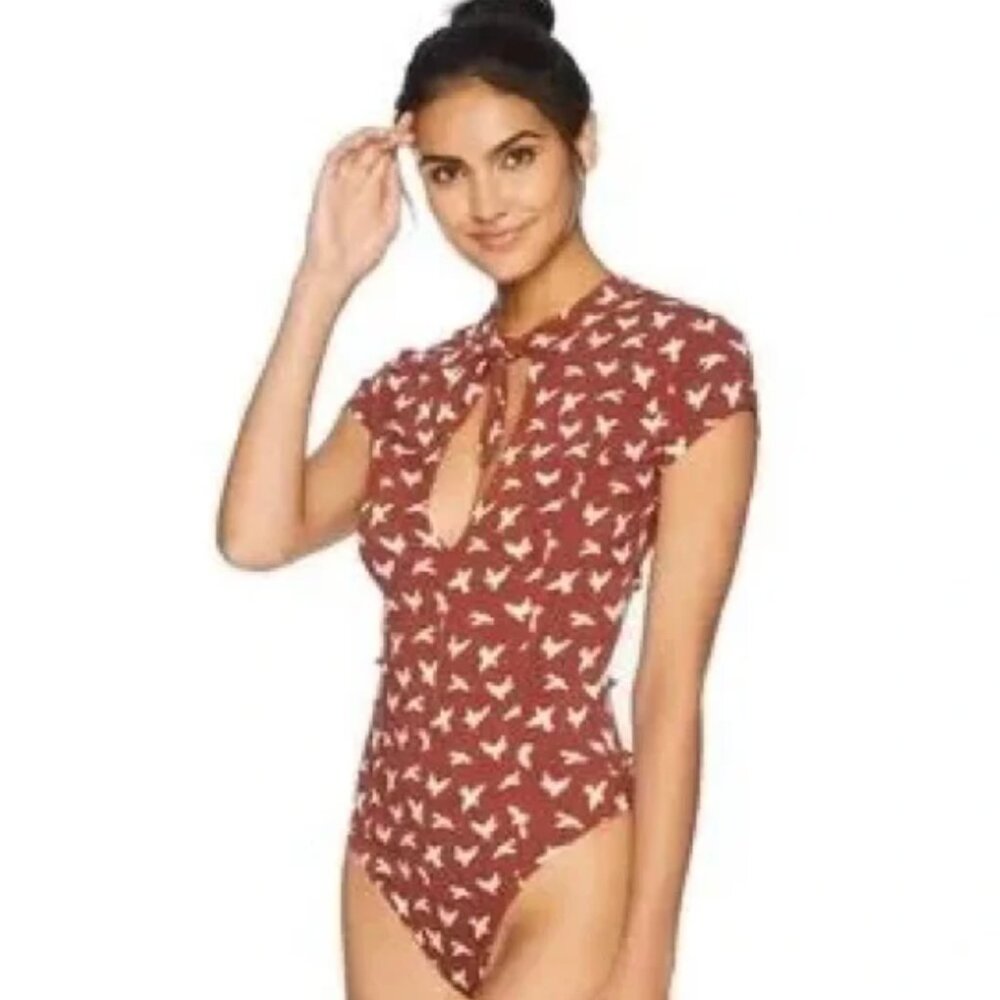 Free People Intimately Billie Bodysuit in Terracotta Bird Print NWT Sz S